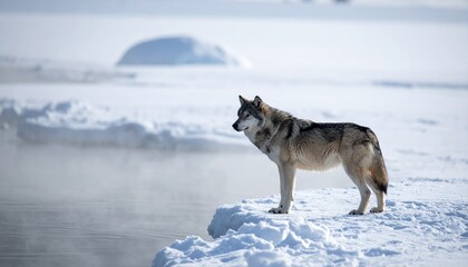 Fototapeta premium Majestic gray wolf standing near icy water's edge in a bright snowy winter landscape