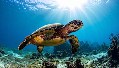 Obraz premium Hawksbill sea turtle swimming in clear blue ocean water above a vibrant coral reef structure 102 characters