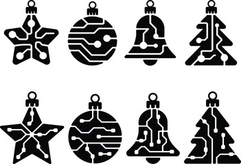 christmas ornaments tech style vector set blending classic holiday shapes with futuristic circuit board details for a modern digital festive look.