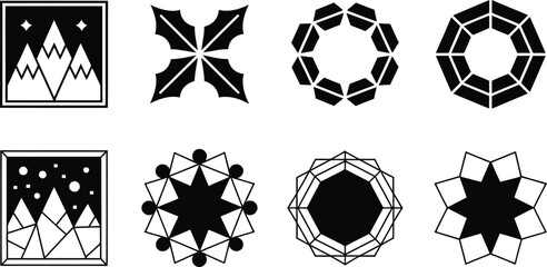geometric shapes vector designs featuring mountains, stars and diamond patterns ideal for minimalist artwork, branding and contemporary decoration.