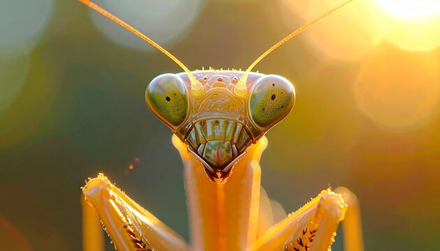 Extreme close up macro photograph of a praying mantis head with bright sunset backlight illumination - Powered by Adobe