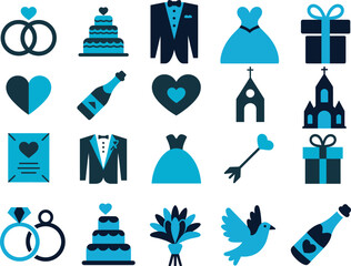wedding vector icons set featuring rings, flowers and ceremony elements perfect for invitations, event branding and romantic celebration designs.