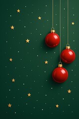 Christmas background with minimalist green tones and hanging red ornaments, great for greeting cards, elegant layouts, branding, and modern festive designs
