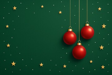 Christmas background with clean green surface and festive hanging baubles, ideal for product mockups, invitations, elegant greeting cards, and seasonal marketing materials