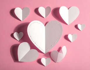 Arrangement of white and grey paper hearts on a pink background for Valentine's Day