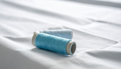 Two spools of light blue thread resting on a smooth white textile surface with soft shadows