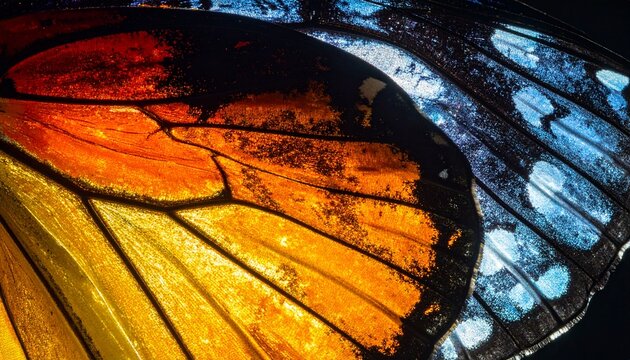 Macro closeup of vivid orange yellow and iridescent blue butterfly wing scales and veins