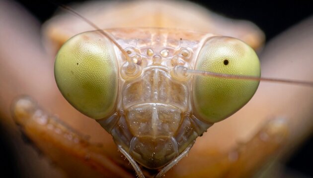 Extreme close up macro photograph shows the detailed face and large compound eyes of a praying mantis