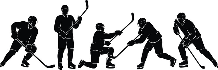 Set of Five Dynamic Ice Hockey Player Silhouettes in Various Action Poses Including Shooting, Skating, and Kneeling, Vector Illustration Isolated on White