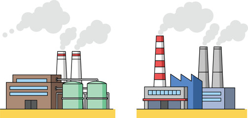 Industrial factory illustration, smoke chimneys, energy production, pollution concept, modern plant, environmental impact, piping system, emission source, urban industry