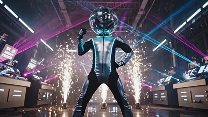 Dynamic disco ball head performer in a futuristic silver suit on stage with vibrant laser lights dazzling sparks and an electrifying club atmosphere
