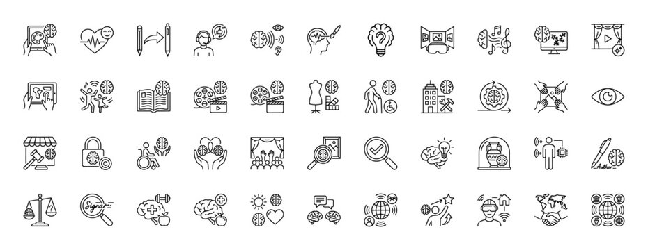 Cognition, education, and technology line icon set. Vector pictograms of brain activity, virtual reality, and creativity, thin outline illustration.