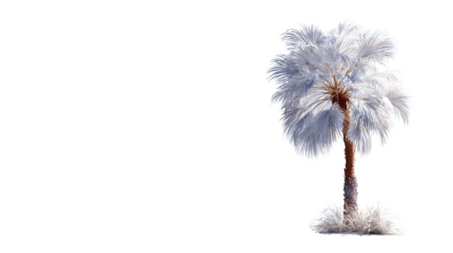 White 3D palm tree render standing isolated on white background for tropical design, landscape visualization, and decorative concept
