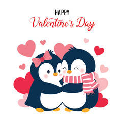 Cute cartoon penguin couple hugging for happy valentine day celebration