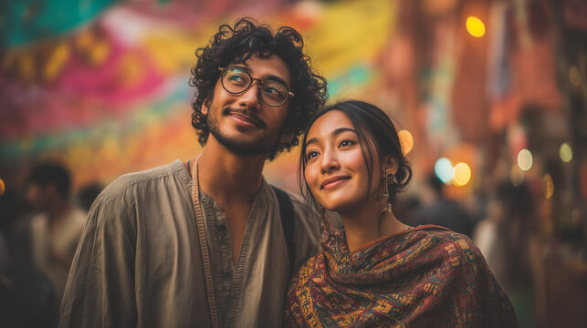 Joyful young couple sharing a memorable moment at the vibrant Kala Ghoda Arts Festival, India, immersed in the rich cultural tapestry of the urban celebration