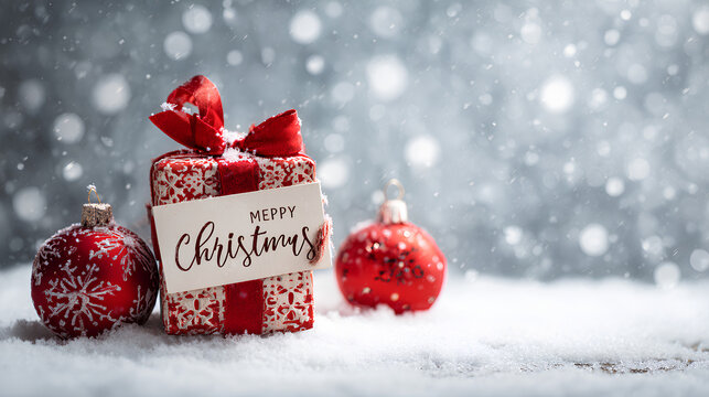 Christmas white decoration ball and spruce tree close up, bokeh lights background. Merry Christmas and Happy Holidays greeting card. New Year. Noel. Winter festive xmas theme