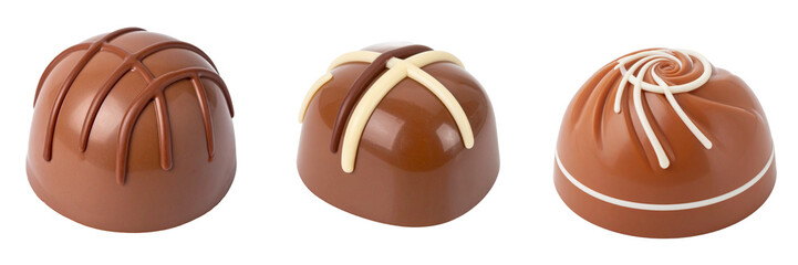 Three Brown Chocolate Candies Isolated On Transparent Background With Assorted Decorations And Details