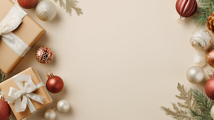 Christmas white decoration ball and spruce tree close up, bokeh lights background. Merry Christmas and Happy Holidays greeting card. New Year. Noel. Winter festive xmas theme