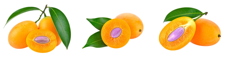 Yellow Maroon Plums with Green Leaves on Transparent Background