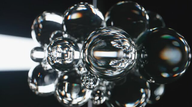 A complex arrangement of polished convex and concave spherical lenses subtly shifting, creating layered light distortion and unique refractions physics, science, background