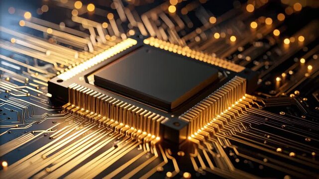 Processor chip on circuit board detailed view of processor chip integrated into electronic circuit essential for digital operations