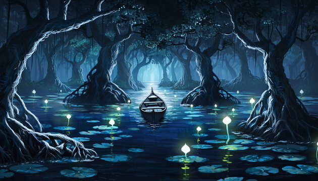 Mystical swamp boat ride, dreamlike fantasy escape