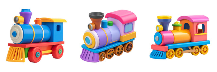 Colorful Toy Trains Displayed Against A Transparent Background Illustrating Transportation And Playful Childhood Themes