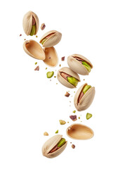 Close Up of Pistachios with Green Kernels Floating on a Transparent Background