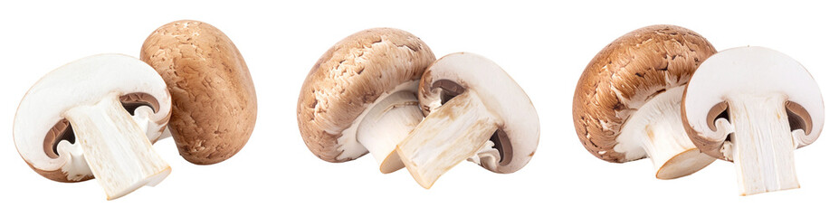 Three Fresh Mushrooms Displayed Against a Transparent Background Showing Brown Caps and White Sliced Sections