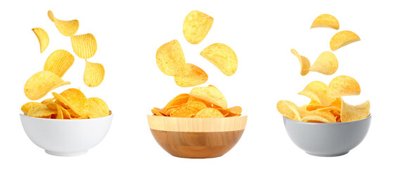 Three Bowls Filled With Potato Chips with Some Chips Falling in Transparent Background
