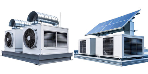 White Industrial Air Conditioning System With Solar Panel Generating Renewable Energy Against Transparent Background