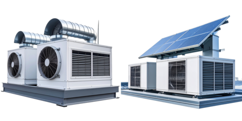 White Industrial Air Conditioning System With Solar Panel Generating Renewable Energy Against Transparent Background