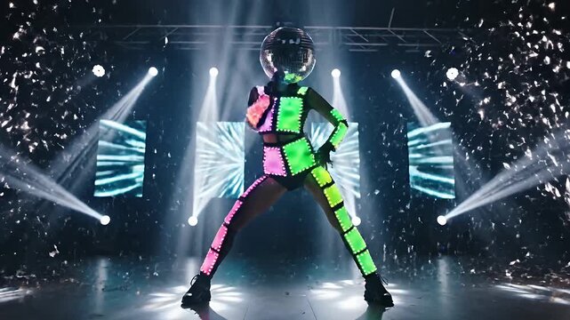 Mesmerizing Futuristic Disco Dancer in Glowing LED Suit and Mirror Ball Helmet Performing on Stage Amidst Sparkling Pyrotechnics and Bright Spotlights