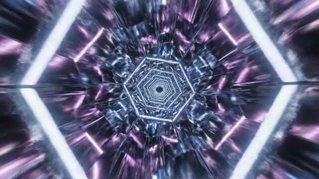 A dizzying seamless loop through an endless geometric tunnel constructed entirely of highly reflective polished chrome metallic surfaces endless geometric tunnel, gray, dynamic movement