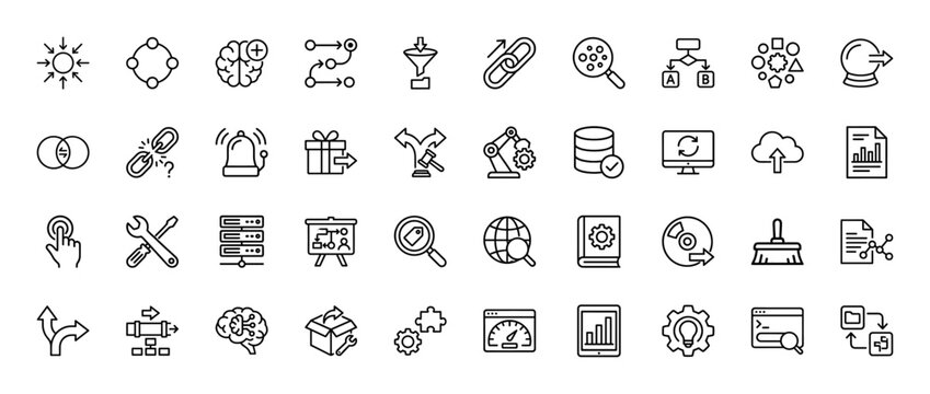 Data science and technology line icon set. Vector pictograms of machine learning, database, artificial intelligence, and network infrastructure, thin outline illustration.