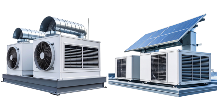 White Industrial Air Conditioning System With Solar Panel Generating Renewable Energy Against Transparent Background