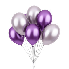 Group of Shiny Purple and Silver Balloons Isolated on Transparent Background Celebrating a Festive Event with Reflective Surfaces
