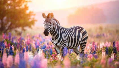 Zebra in Colorful Flowers with Sunrise in African Savannah.