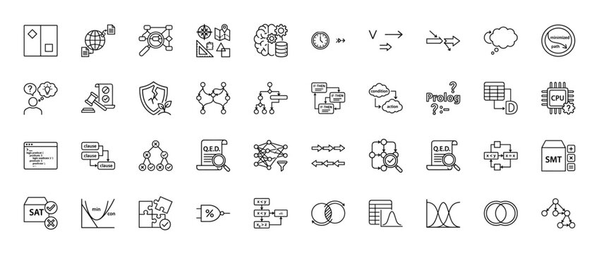 Artificial intelligence and computational logic line icon set. Vector pictograms of decision trees, neural networks, and theorem proving, thin outline illustration.