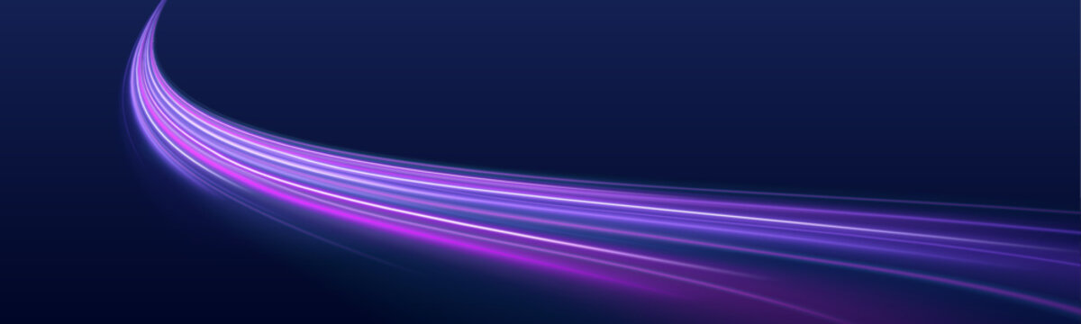 Glowing, fast-moving neon paths create dynamic motion. The trails twist and curve with vivid colors, emphasizing speed. Perfect for digital or tech designs.