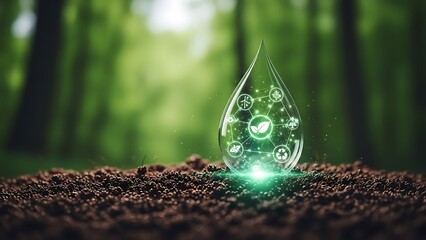 Glowing water drop on soil in forest symbol of environmental conservation and sustainable resource management for a greener future