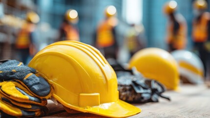 Safety Gear on the Construction Site: A detailed close-up shot of safety gear, including hard hats and gloves, on a construction site, emphasizing the vital role of protection and worker well-being.