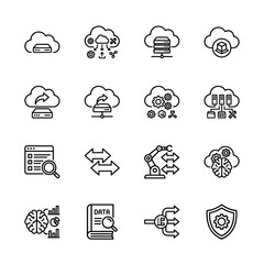 Fototapeta premium Information technology line icon set. Vector pictograms of cloud computing, data analysis, automation, and networking, thin outline illustration.