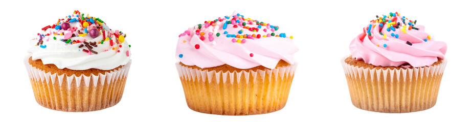 Three Cupcakes Isolated On Transparent Background With Colorful Sprinkles And Frosting Desserts Showing Delicious Bakery Treats