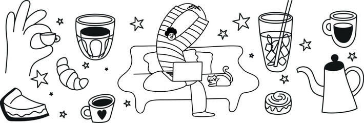 Playful black-and-white line art set with oversized hand holding a tiny cup, characters relaxing with coffee, cake, iced drinks, cat and pastries. Perfect for branding and social media.