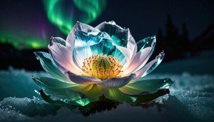 Fantasy lotus flower glowing aurora borealis snow.