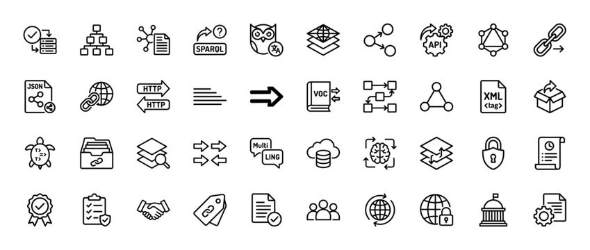 Semantic web and linked data line icon set. Vector pictograms of sparql, http, json, xml, owl, and data layering, thin outline illustration.