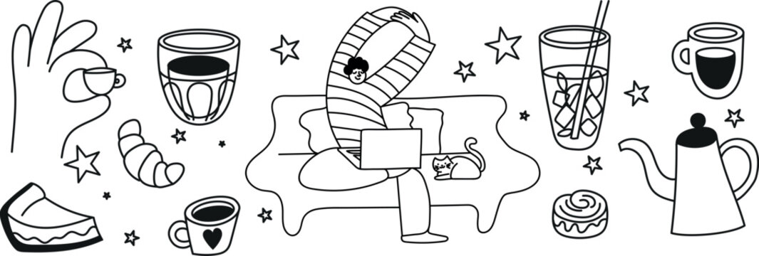 Playful black-and-white line art set with oversized hand holding a tiny cup, characters relaxing with coffee, cake, iced drinks, cat and pastries. Perfect for branding and social media.
