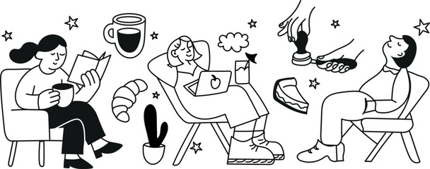 Minimal and cozy line art set with reading girl, girl with laptop, tamping hands, pastries, stars, and coffee cups. Perfect for posters, blogs, packaging, and stationery.