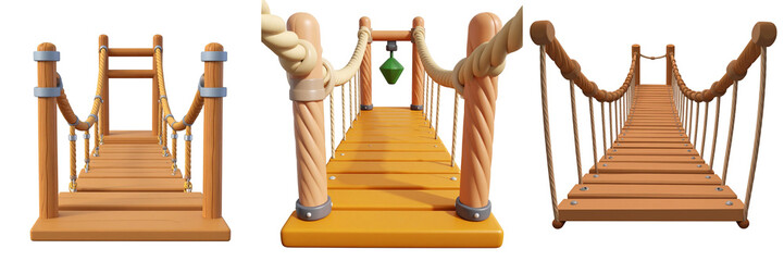 Wooden Suspension Bridge Rendered Against Transparent Background Showing Rope And Timber Construction For Crossing